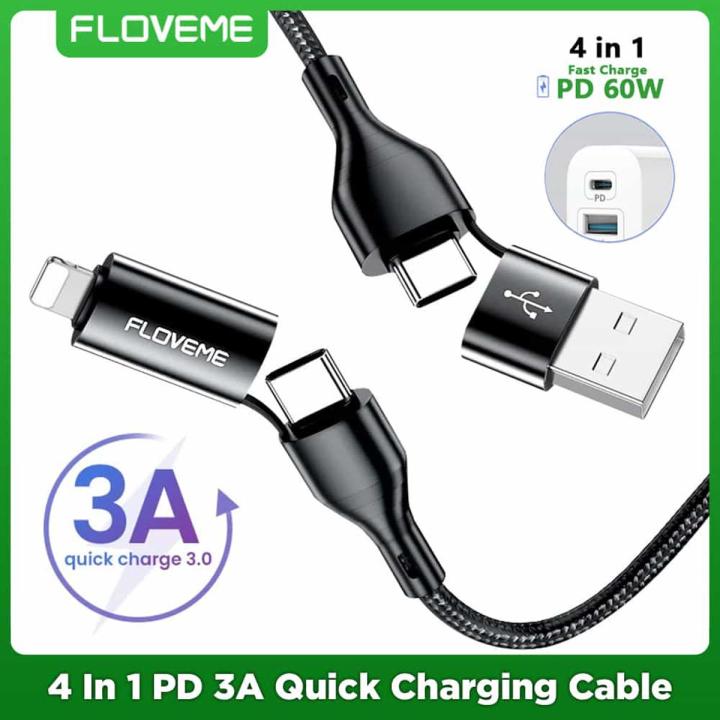 FLOVEME%204%20in%201%20Fast%20Charging%203A%20High%20Current%20Nylon%20Braided%20Cable%20For%20iPhone%20iPad%20Type%20C%20Charge%20Type-C%20To%20iPhone%20&%20Type-C%20To%20Type-C%20&%20USB%20A%20To%20Type-C%20&%20USB%20A%20To%20iPhone%20-%20Image%202
