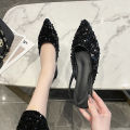 Glittering fairy style evening toe sandals 2024 summer new sequined pointed toe back hollow flat slippers women.