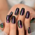Short Midi Coffin Nails Chrome Mirror Nails Set Metallic Press On Nails Medium Length Bead Luster Shiny Rainbow Nail Tips. 