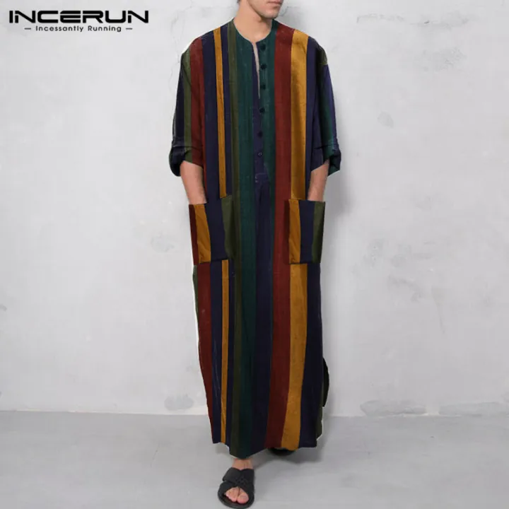 INCERUN%20Men%20Muslim%20Saudi%20Long%20Sleeve%20Robe%20Arab%20Thobe%20Abaya%20Islamic%20Striped%20Hippy%20Dress%20-%20Image%203