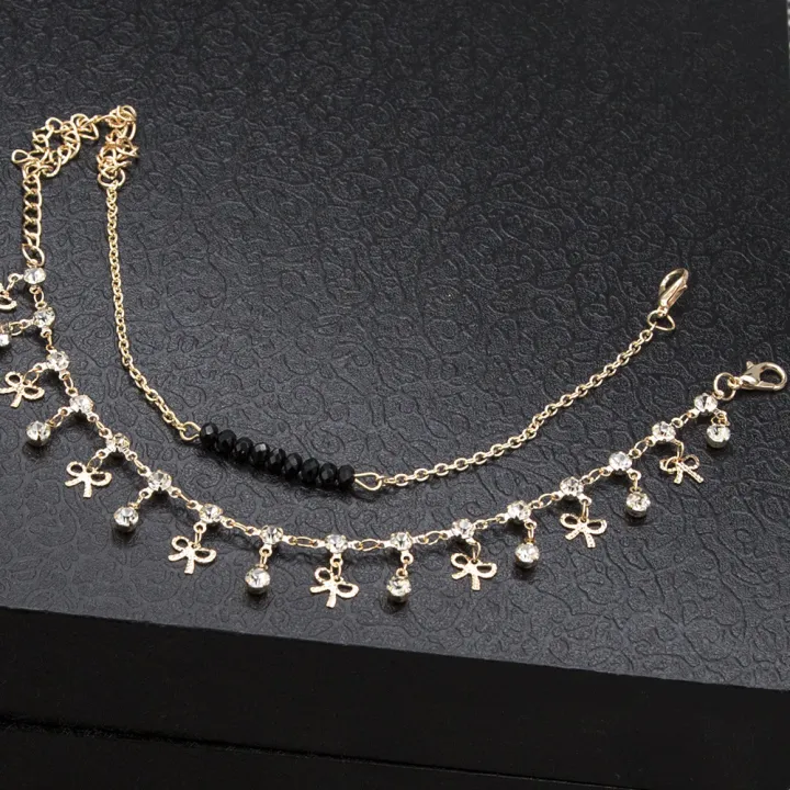 Cross-border%20hot%20selling%20foot%20ornaments%20European%20and%20American%20simple%20black%20crystal%20beads%20rhinestone%20bow%202-piece%20set%20double%20beach%20anklet%20women%20-%20Image%202