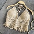 Boho Beach Holiday Camisole Halter Women Crochet Knit Swimsuit Bra Backless Vest Hollow Tassel Tank Top Women's Crop Tops.
