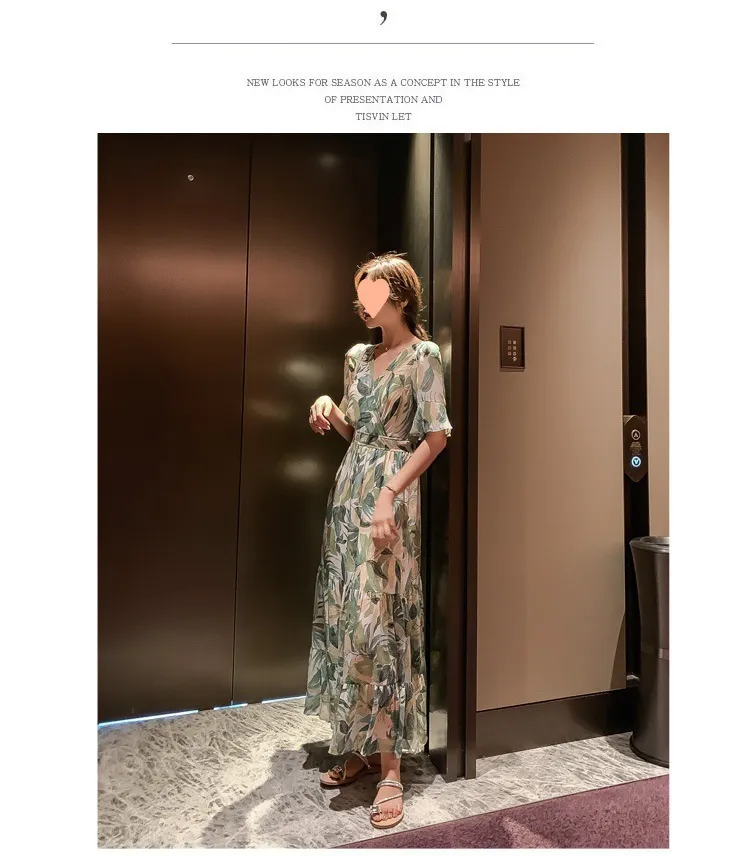 Avocado green dress summer 2024 new women's floral chiffon long