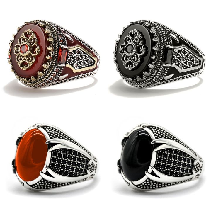 Retro Handmade Islamic Men Ring Vintage Turkish Double s Black Red CZ Stone Ring Punk 2023 Trendy Religious Muslim Jewelry
