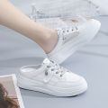 Korean Soft Leather2023New Summer Half-Support White Shoes Women's Shoes Thick Bottom for Outdoors Lazy Sandals Closed Toe Casual. 