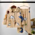 New Kids Boys Girls Autumn Winter Keep Warm Flannel Pajama Sets Cartoon Long Sleeve Lapel Tops with Pants Sleeping Clothing Sets. 