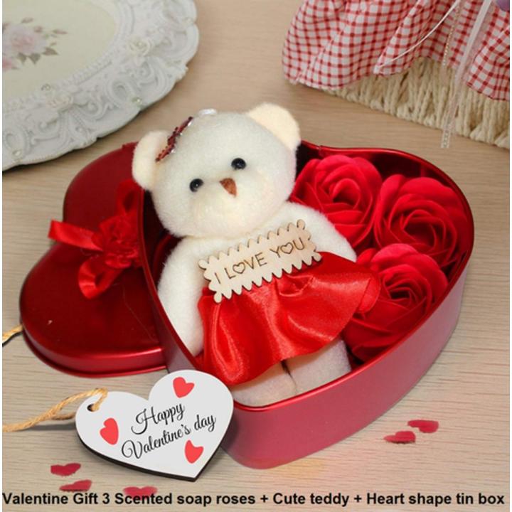 Heart-Shaped Red Box With Teddy And Roses Valentine Day Best Love Gift For  Girlfriend -Multi-Color Gift Box