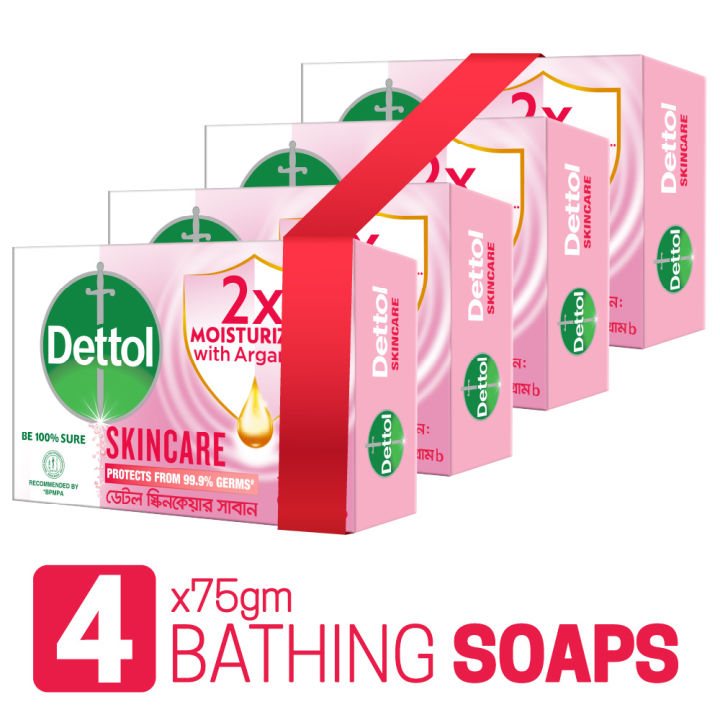 Dettol Soap Skincare Quad Pack (75gm X 4), Bathing Bar Soaps with Moisturizers
