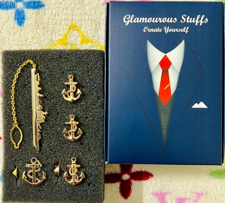 Marine/Naval Ship Tie Clip + Cufflinks + Anchor Pin 4ps Set Brooch For Men Suit/Shirt Fashion Accessories