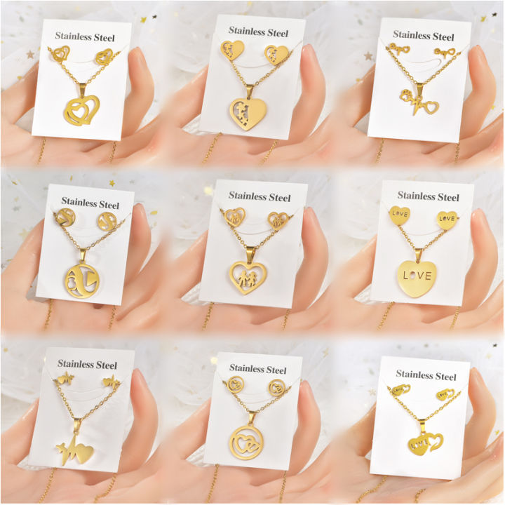Fashion Jewelry Set Women Non Tarnish 18K Gold Stainless Steel Heart Pendant Necklace And Earrings Set For Couple Gift