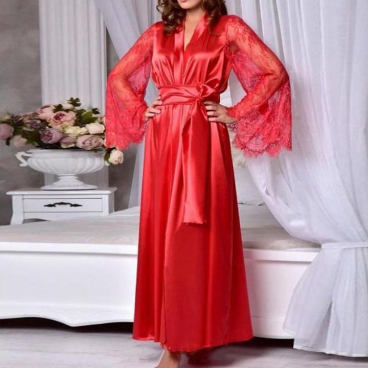 Women%20Silk%20Satin%20Night%20Robe%20Nightgown%20See-through%20Long%20Sleeve%20Lace%20Gown%20Bathrobe%20Dress%20for%20Women%20Wedding%20Nightdress%20Lngerie%20-%20Image%205