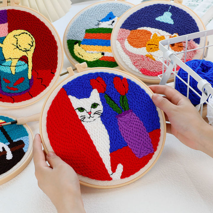 Punch Needle Starter Kit Animal Cat Floral Rug Hooking Beginner Set Adjustable Embroidery Pen Hoop for Kids Adults Craft Gift Vnce Lncei