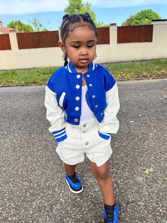 2023 Winter Unisex Kids Jackets Baby Boy Girls Clothes Blue Baseball Cropped Coat Streetwear Y2K Preppy Bomber Varsity Jackets