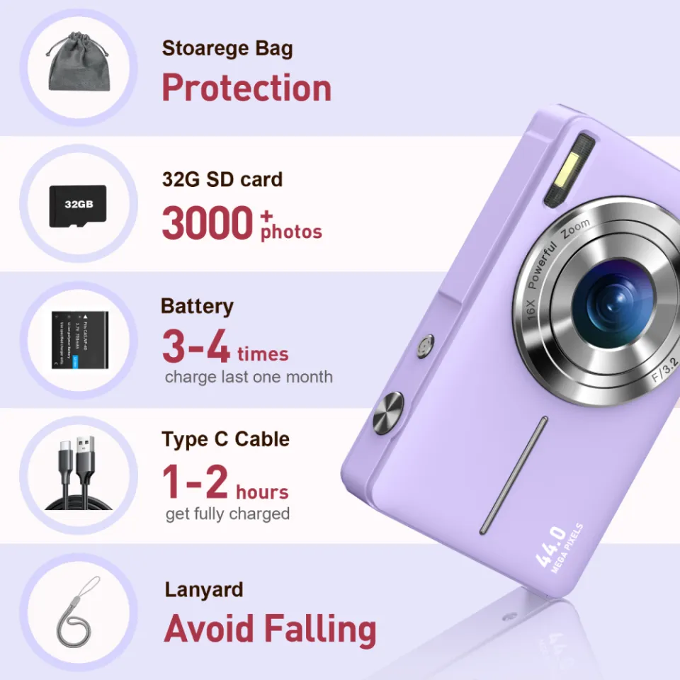Digital Camera, FHD 1080P Camera, Point and Shoot Camera with 16X Zoom Anti  Shake, Compact Small Camera for Boys Girls, Purple