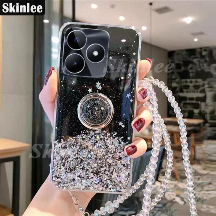 Phone Case for Realme C53 Back Cover Glitter Starry Sky Bling Ring Lanyard Shiny Soft Cases Casing Hp for Realme C53 Phone Cases Transparent Holder Stand Cover Stars Girls