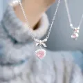 Cute Bow Heart Pendant Necklace with Elegant Pink Zircon Classic Simple Style for Ladies & Women Pendant Necklaces for Anniversary Weddings & Parties Jewelry Gift.