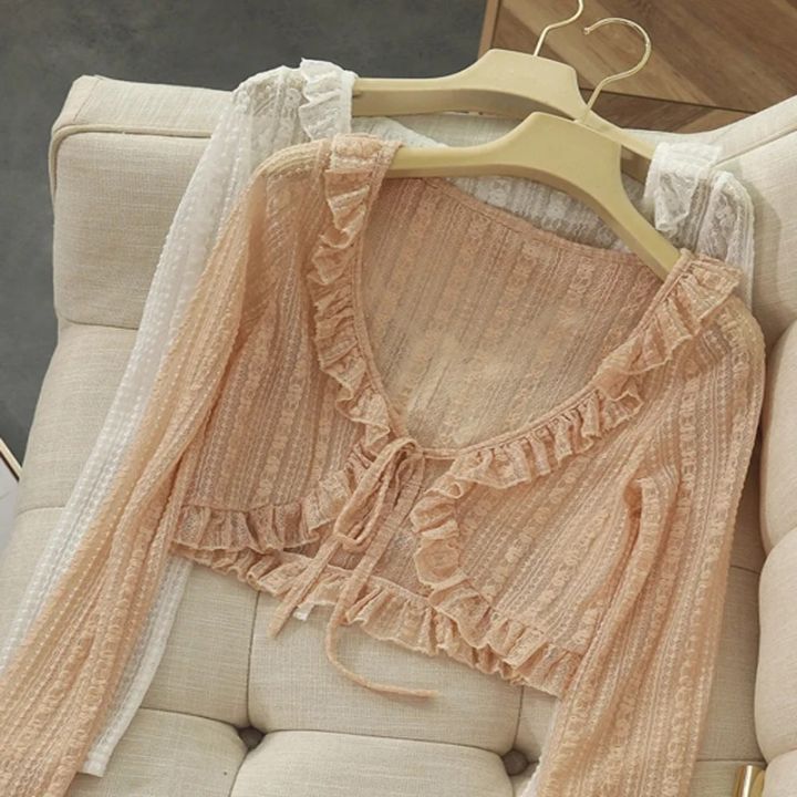 Lace Ruffle Shirt Y2Y Korean Summer Cardigan Sunscreen Women Casual Fashion Long Sleeves Short Shirts Sun Protection Clothing