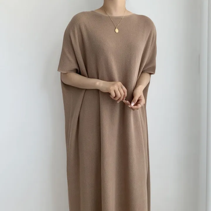 Women%20Summer%20Casual%20Oversized%20Straight%20Long%20Dress%20Batwing%20Sleeve%20Round%20Collar%20Pullover%20Solid%20Color%20Midi%20Dresses%20-%20Image%203