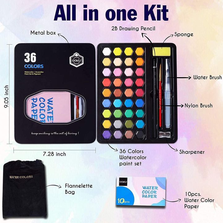 Keep Smiling 36 Colors Watercolor Cake Set Multicolor Pigment with Brush & Sponge Tin Box for School & Art Use