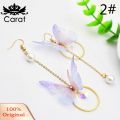 Sweet Women Butterfly Gauze Circle Faux Pearl CZ Long Dangle Asymmetric Earrings. 