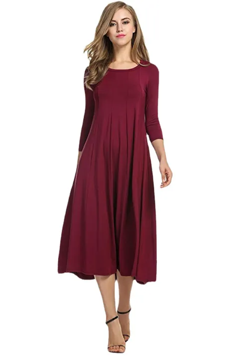 Cross-border%20European%20and%20American%20women's%20clothing%202024%20spring%20new%20skirt%20fashion%20casual%20pleated%20three-quarter%20sleeve%20solid%20color%20swing%20dress%20-%20Image%205