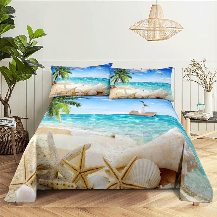 Sandy Beach Bedding Sheet Home Digital Printing Polyester Bed Flat Sheet With Pillowcase Print Bed Sheet