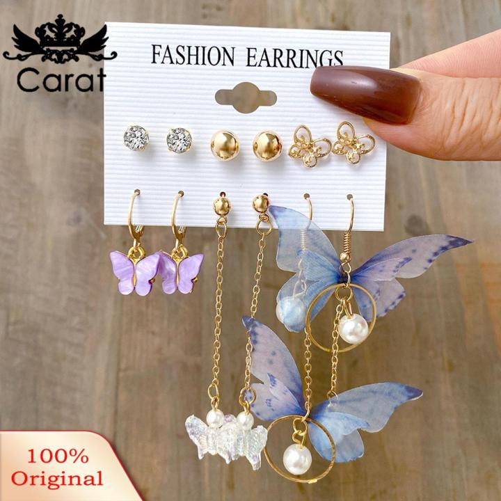 Carat 6 Pairs Drop Earrings Asymmetrical Ladies Fashion Butterfly Faux Pearl Dangle Earrings