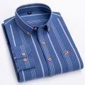 Fashion Men's Long Sleeve Casual 100% Cotton Striped Oxford Shirt with Embroidered Chest Pocket Standard-fit Button-down Shirts.