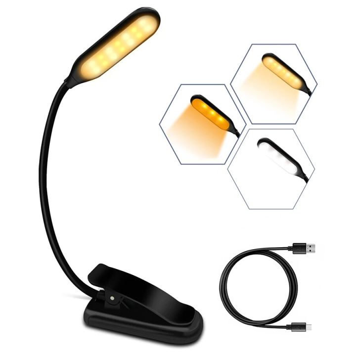USB Rechargeable Book Light 14 LED Reading Light 3 Color Temperatures Portable Flexible Easy Clip Bedside Night Reading Lamp