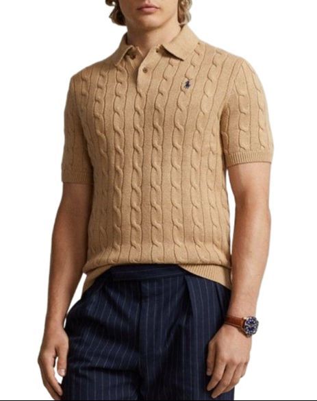 Ralph Lauren Cable-Knit Cotton Polo Sweater โ Beige