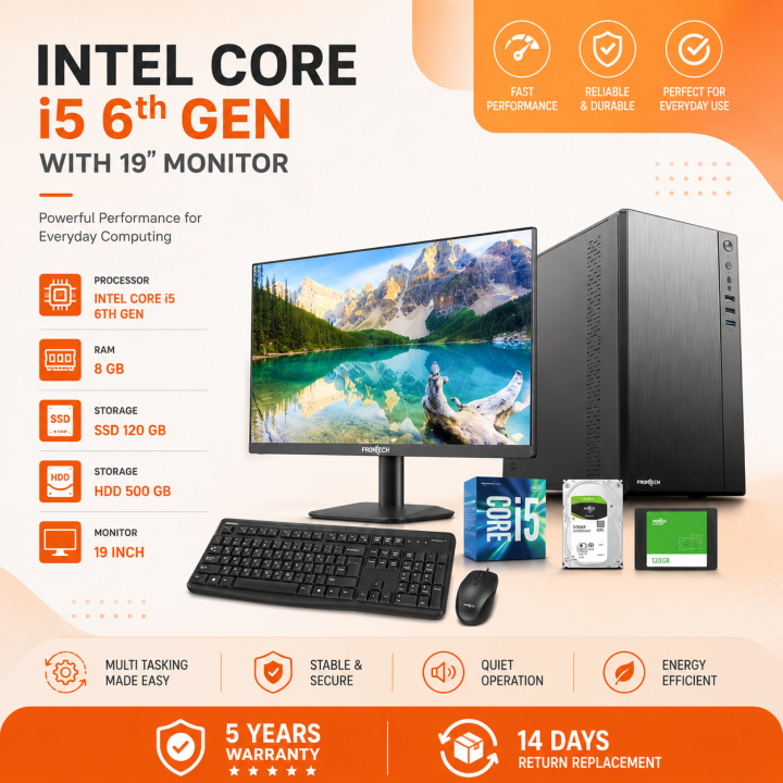 Intel Core i5 6th Generation RAM 8GB SSD 120GB OR HDD 500GB Graphics 2GB Built in Gaming PC Win 10 64 Bit And 'Monitor 19 inch' Full NEW Desktop Computer Set