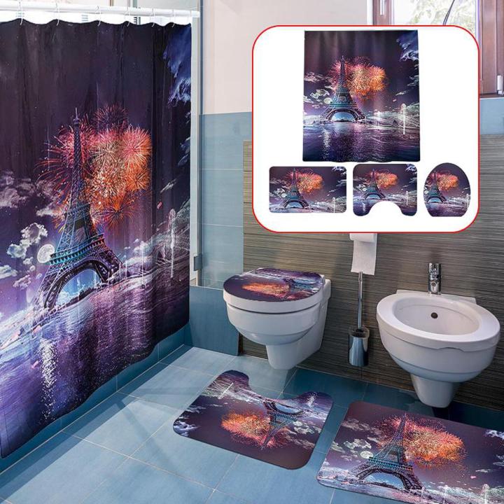 Romantic France Paris Eiffel Tower Style Bathroom Set Flannel Non Slip Pedestal Rug + Toilet Lid Cover + Floor Mat Bath Mat Set and Mildew-proof Waterproof Shower Curtain