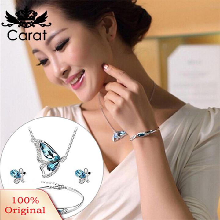 Carat Butterfly Rhinestone Pendant Necklace Stud Earrings Bracelet Bridal Jewelry Set