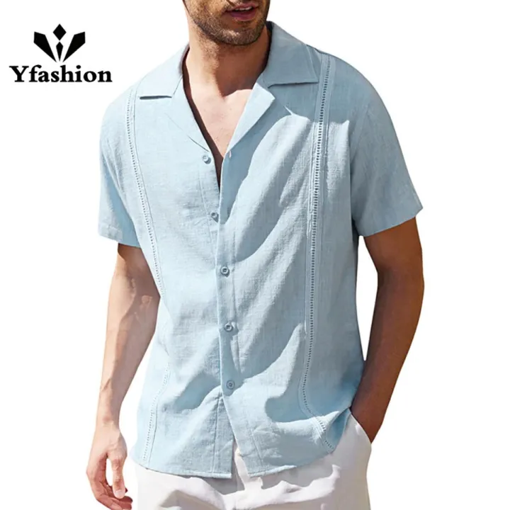 Men Summer Beach Shirt Casual Cotton Linen Solid Color Tops Short Sleeves Lapel T Shirt