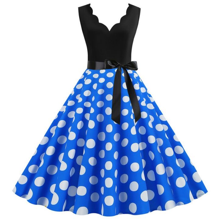 Women%20Retro%20Summer%20Dresses%2050s%2060s%20Rockabilly%20Sleeveless%20V-neck%20Polka%20Dot%20Bow%20Pinup%20Ball%20Grown%20Party%20Sundress%20Robe%20Vestidos%20-%20Image%205