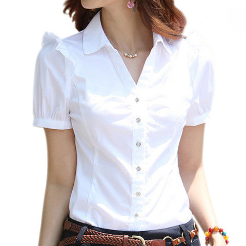 SummerVCollar%20Business%20Shirt%20Women's%20Formal%20Wear%20Short-Sleeved%20Women's%20Shirt%20Workwear%20Women's%20Korean-Style%20White-Collar%20Workwear%20White%20Shirt%20-%20Image%203
