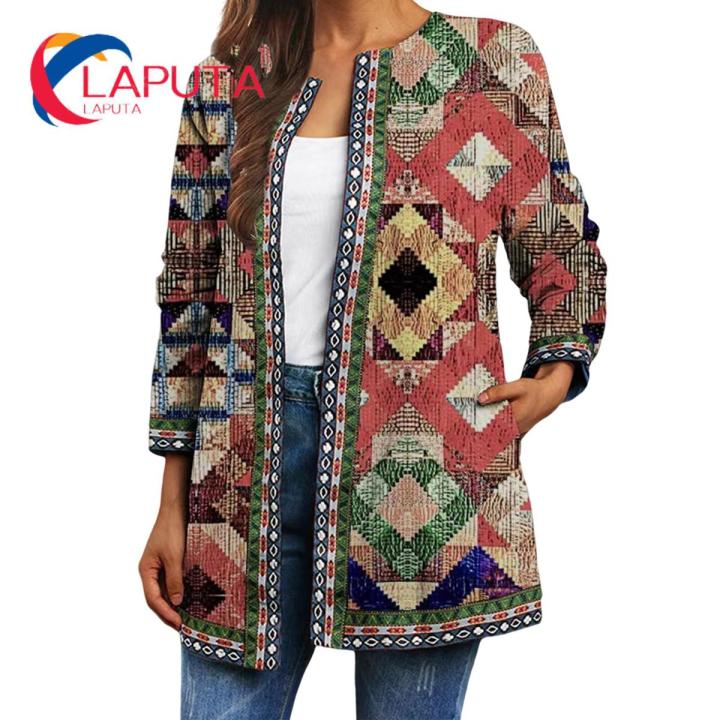 Autumn Coat Butterflies Print Open Stitch Collarless Winter Jacket