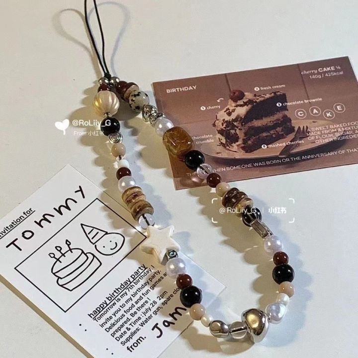 Retro Brown Leopard Cat Bead Phone Chain Elegant Short Wrist Lanyard Decor Bead String Chain Camera Hanging Accessory For Women