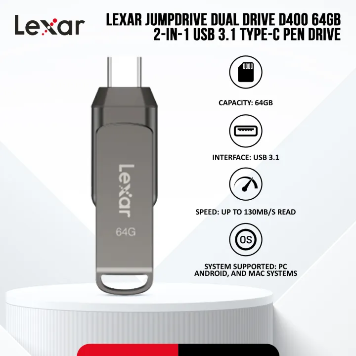 Lexar%20JumpDrive%20Dual%20Drive%20D400%2064GB%202-in-1%20USB%203.1%20Type-C%20Pen%20Drive%20with%20256-bit%20AES%20Encryption%20-%20PC/Android/Mac%20Compatible%20-%20Image%203