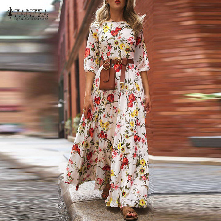 princess polly baby blue dress ZANZEA Women Hawaiian Floral Sundress Half Sleeve A-Line Party Beach  Holiday Maxi Dress