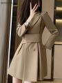 Office Lady's Long Sleeve Dresses Women Young Elegant Fashion Notched Autumn New Simple Chic High Waist Korean Version All-match. 