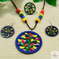 Beautiful Indian Painted Wooden Round Shape Necklace With Earring & Hand Ring For Women. 