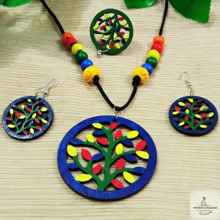 Beautiful Indian Painted Wooden Round Shape Necklace With Earring & Hand Ring For Women