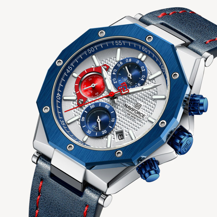 NAVIFORCE NF8028 Navy Blue PU Leather Chronograph Watch For Men Silver  Navy Blue