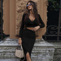 Women's Ribbed Knit Crop Tops, Long Sleeve Solid Color Cross Wrap Slim Fit T-Shirts. 