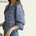ZANZEA Korean Style Women Floral Printed Tops Ruffle 3/4 Sleeve Office Lady Shirt Blouse. 