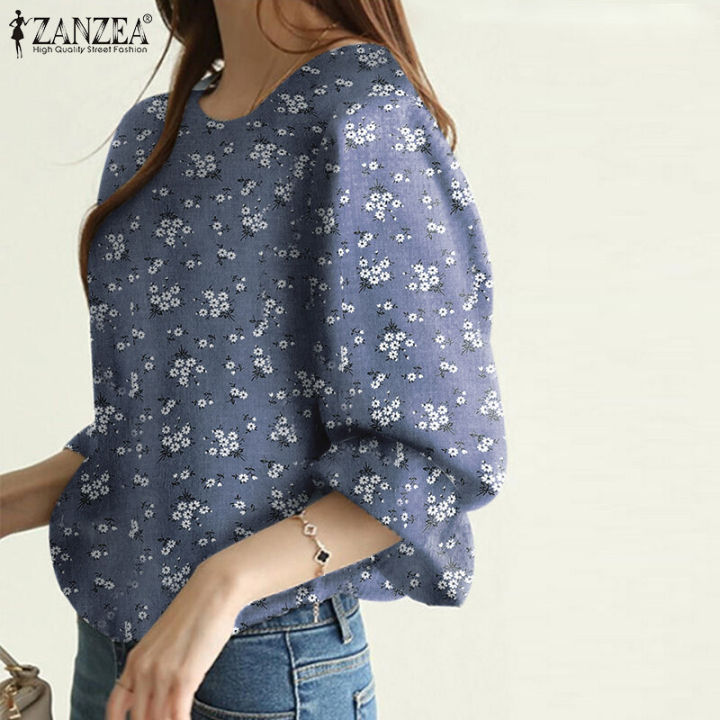 ZANZEA%20Korean%20Style%20Women%20Floral%20Printed%20Tops%20Ruffle%203/4%20Sleeve%20Office%20Lady%20Shirt%20Blouse%20-%20Image%202