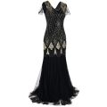 Women 1920s Great Gatsby Dress Long 20s Flapper Dress Vintage V Neck Sequins Beads Maxi Party Dress Mesh Prom Gown Elegant Dress. 
