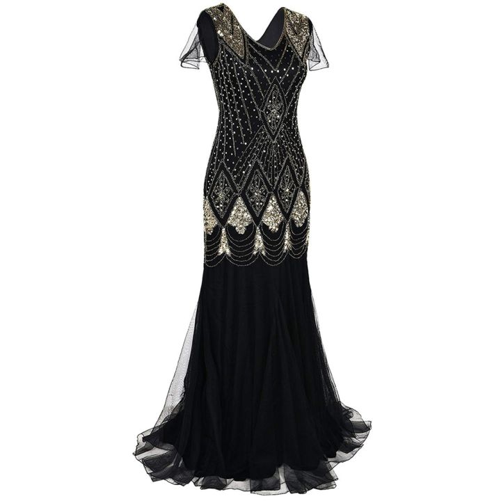 Women%201920s%20Great%20Gatsby%20Dress%20Long%2020s%20Flapper%20Dress%20Vintage%20V%20Neck%20Sequins%20Beads%20Maxi%20Party%20Dress%20Mesh%20Prom%20Gown%20Elegant%20Dress%20-%20Image%202
