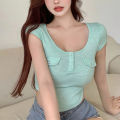 Women Summer T-Shirt, Solid Color Buttons Round-Neck Short Sleeve Crop Tops for Girls, Green/White. 